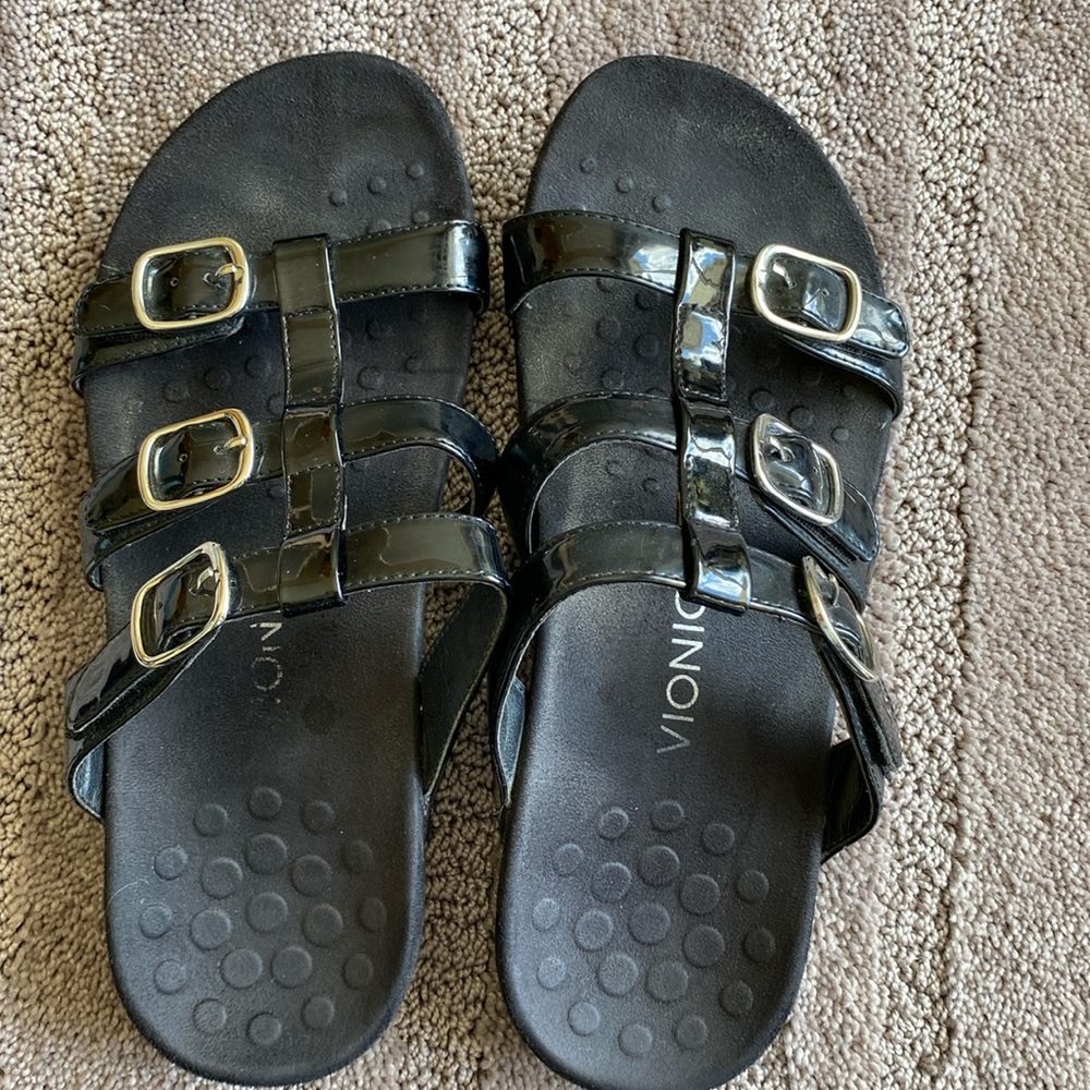 VIONIC MISA Three Straps Black Patent  Slip On Mules Sandal Size 10W